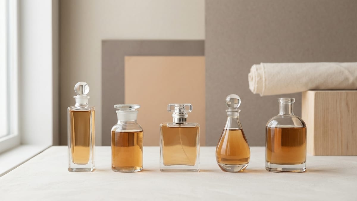 Five unlabeled glass fragrance bottles of different shapes lined up in a row for comparison