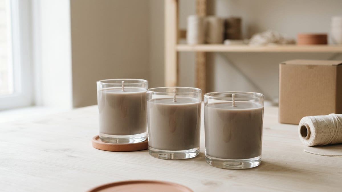 Unlabeled poured candles in glass vessels cooling on a pale worktop